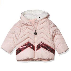NEW DKNY Baby Girl Puffer Fleece Lined Jacket Sherpa Hood Pink Sequin Chevron